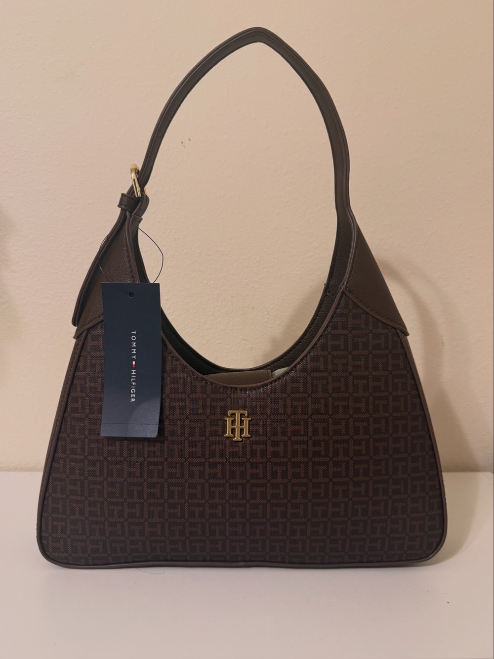 Tommy Hilfiger Dark Brown Monogram Shoulder Bag with Gold Accent